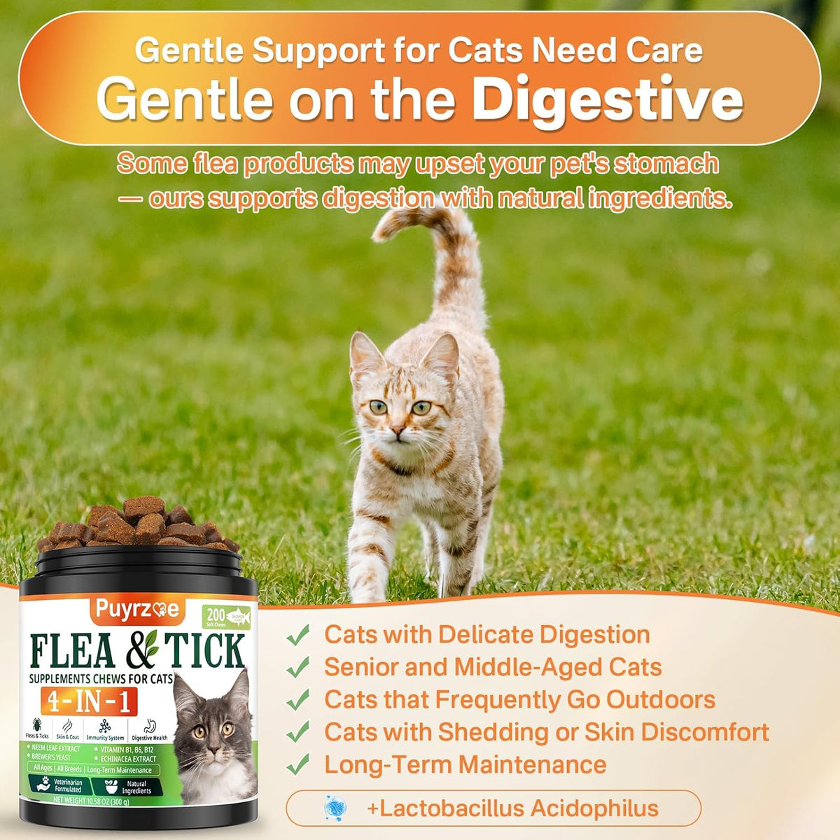 4-in-1 Flea Treatment for Cats Chewable, Natural Cat Flea and Tick Prevention Chewable Supplement