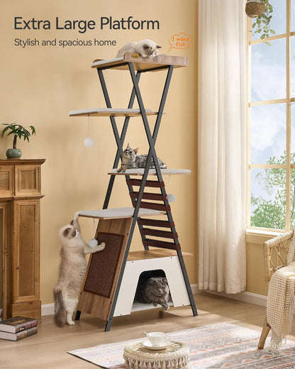 FourFurPets 72.4" Cat Tree, Modern Cat Tower for Indoor Cats, Multi-Level Cat Condo with Caves