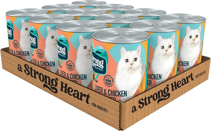 A Strong Heart Canned Wet Cat Food, Liver & Chicken Dinner - 13.2 oz Cans (Pack of 12), Made in The