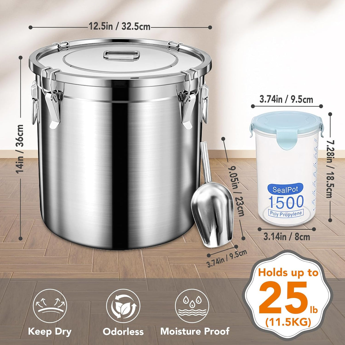Dog Food Storage Containers, Large Stainless Steel Pet Food Storage Containers 25 lb / 11.5 kg to