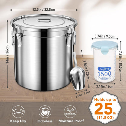 Dog Food Storage Containers, Large Stainless Steel Pet Food Storage Containers 25 lb / 11.5 kg to