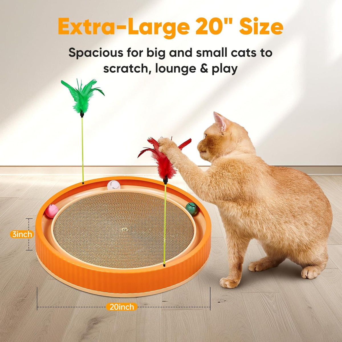 20-Inch Round Cat Scratcher with Ball Track – 3-in-1 Cardboard Cat Scratching Pad with Feather