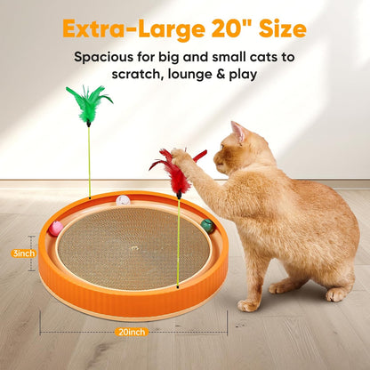 20-Inch Round Cat Scratcher with Ball Track – 3-in-1 Cardboard Cat Scratching Pad with Feather