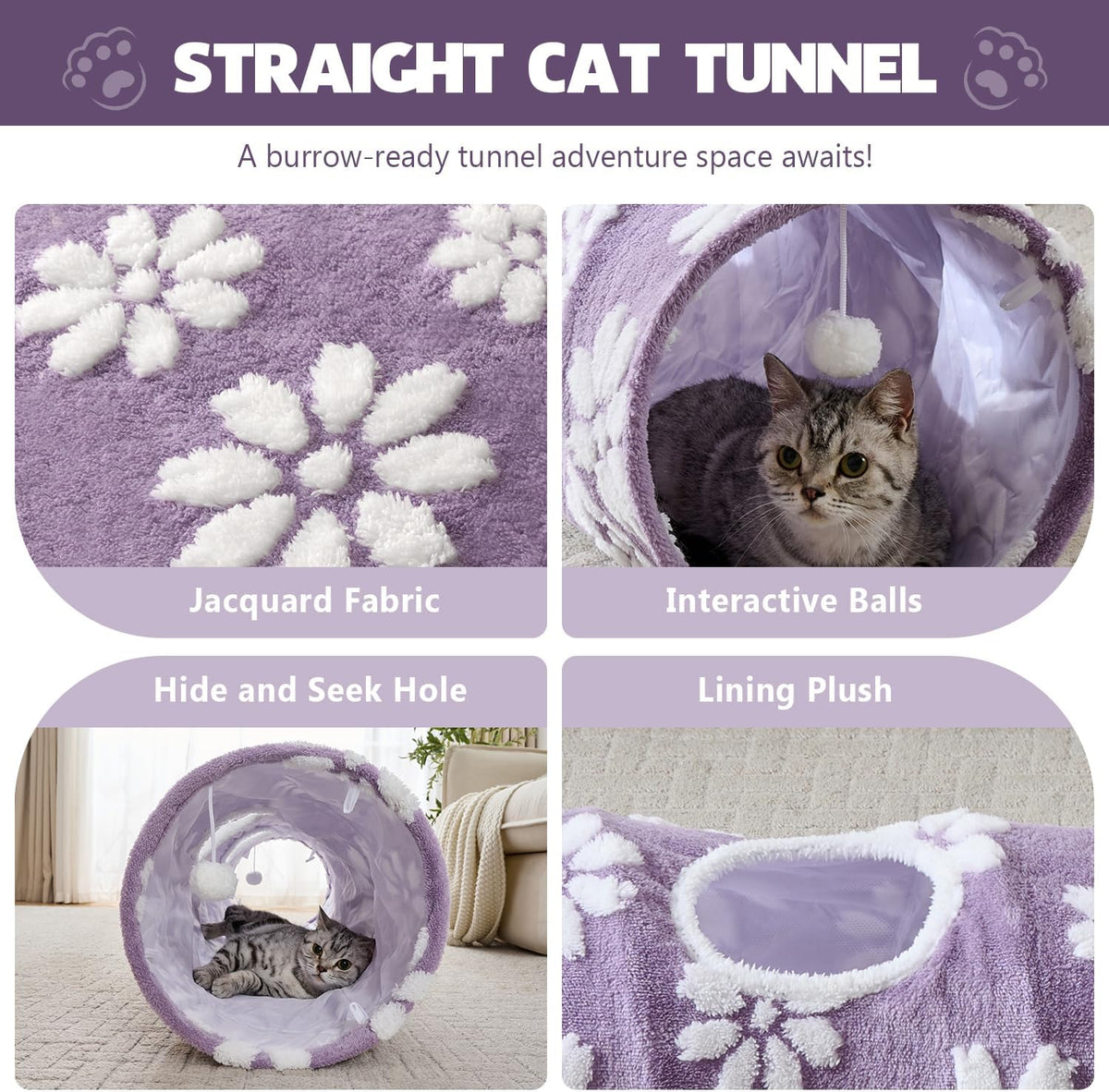 Straight Cat Tunnel for Indoor Cats 47"x12", Cute Cat Toys Collapsible Tunnel Tube with Balls for