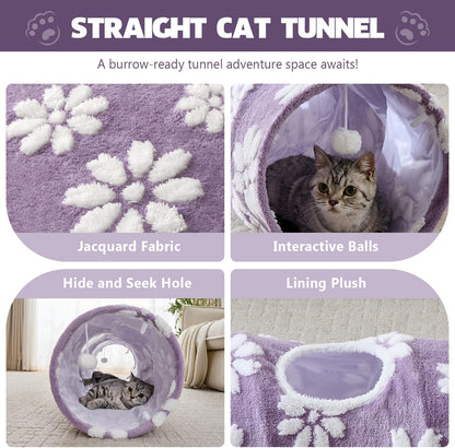 Straight Cat Tunnel for Indoor Cats 47"x12", Cute Cat Toys Collapsible Tunnel Tube with Balls for