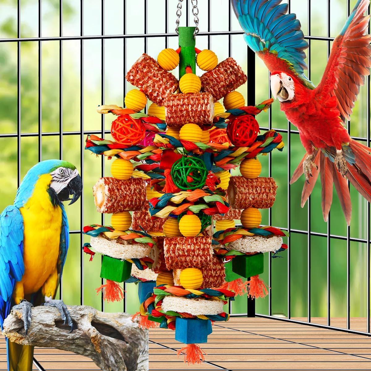 Bird Toys, Parrot Toys for Large Birds,Natural Corn cob and Loofah Slices Bird chew Toys for