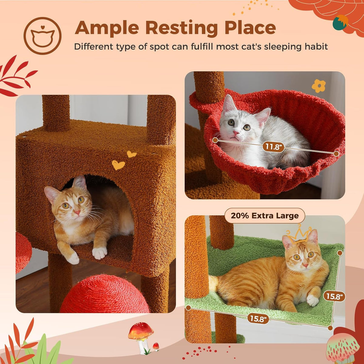 PEQULTI Mushroom Cat Tree Floor to Ceiling Cat Tower Adjustable Height (90.5''-100.4'' =