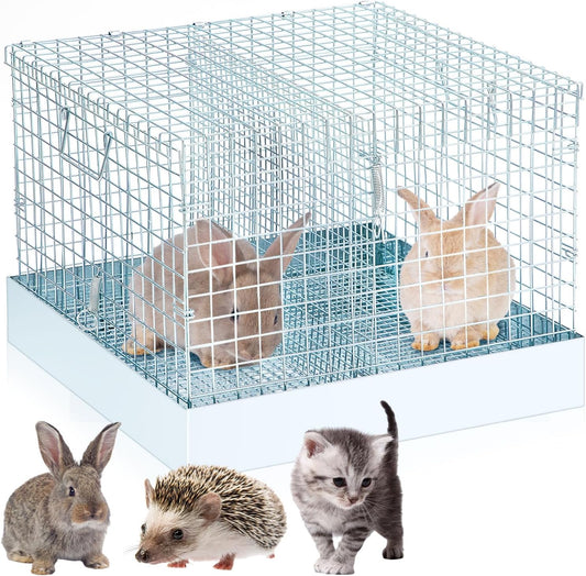 Folding Rabbit Cage, 18 x 18 x 14 in Portable Bunny Carrier with Tray and Handles for Transport