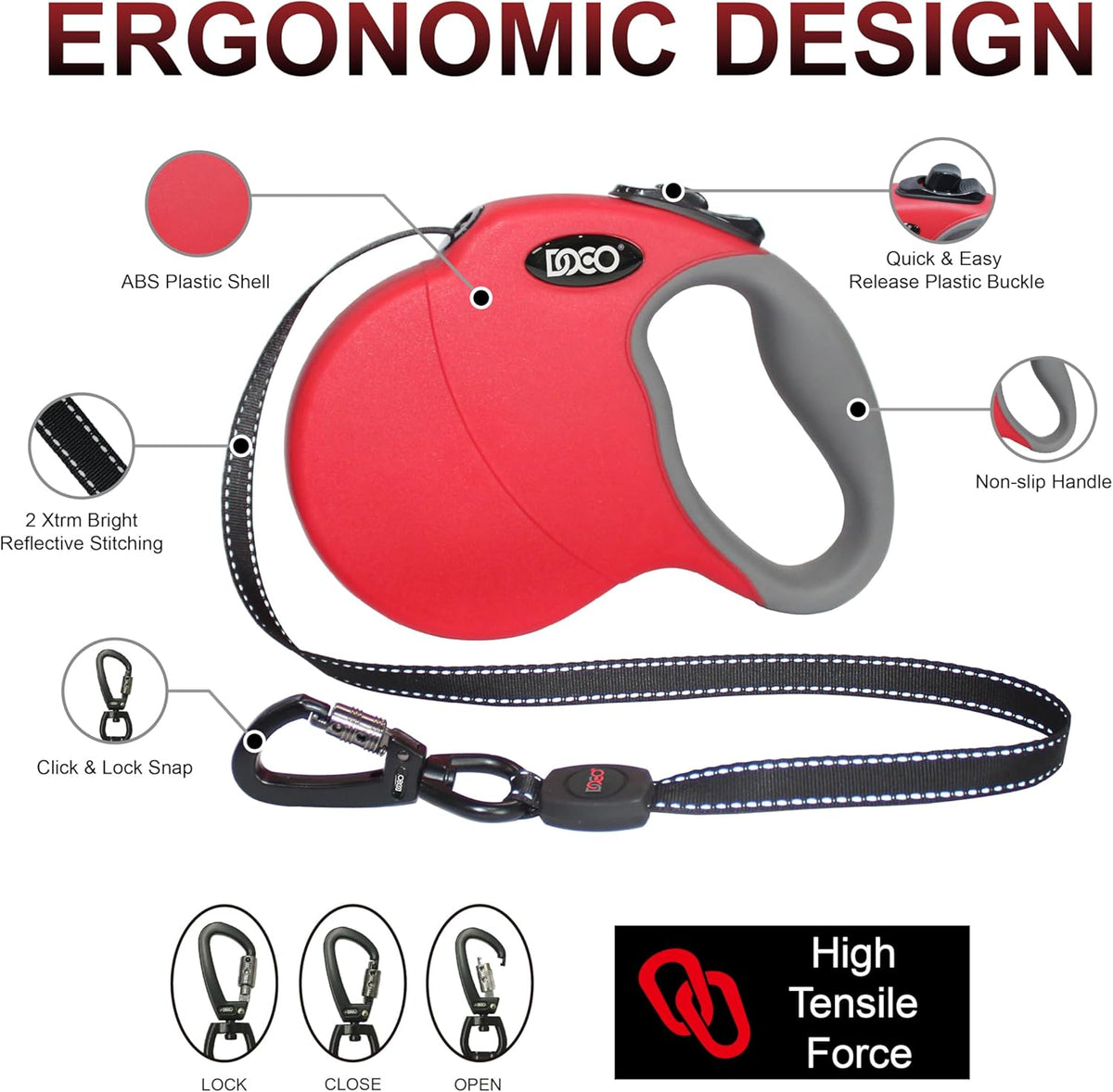 DOCO Retractable Dog Leash for Large Dogs (Length - 16’, Weight - Upto 45lb) Reflective Tape Lead