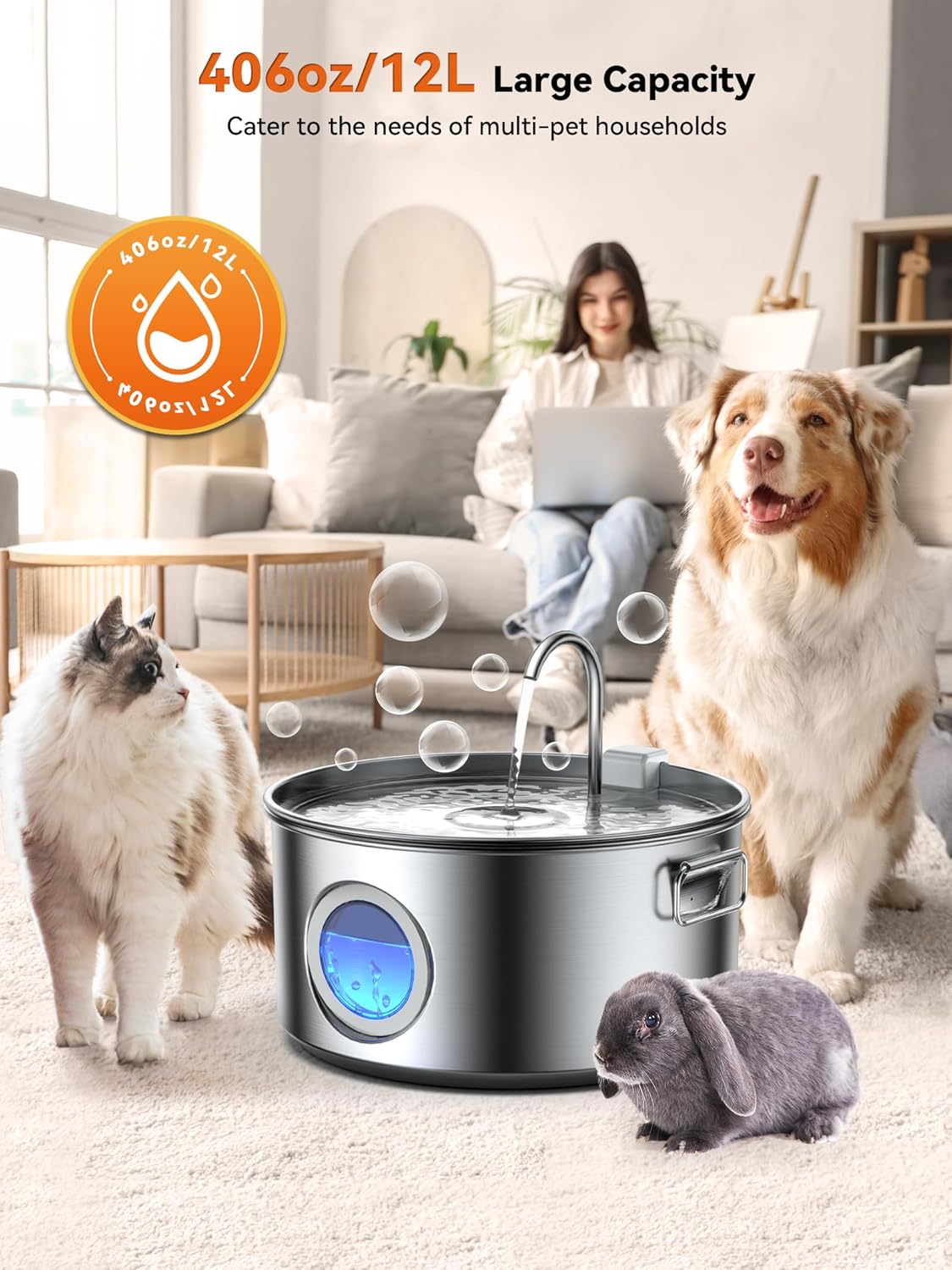 Dog Water Fountain for Large Dogs, 3.2Gal/406oz/12L Stainless Steel Pet Water Fountain, Quiet Dog