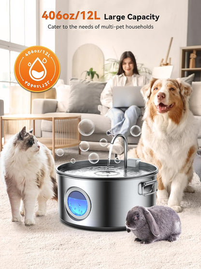 Dog Water Fountain for Large Dogs, 3.2Gal/406oz/12L Stainless Steel Pet Water Fountain, Quiet Dog