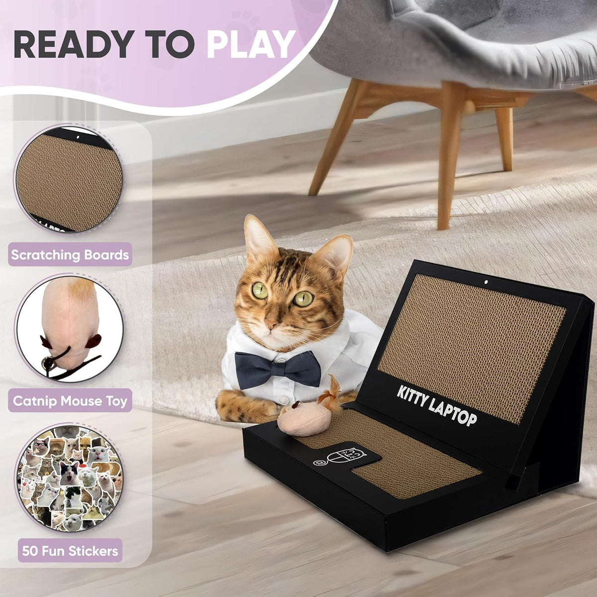 Toy Cat Laptop with 2 Scratchboards + Catnip Mouse Toy for Cats + 50pack Cat Sticker - Interactive