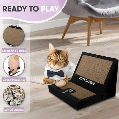 Toy Cat Laptop with 2 Scratchboards + Catnip Mouse Toy for Cats + 50pack Cat Sticker - Interactive