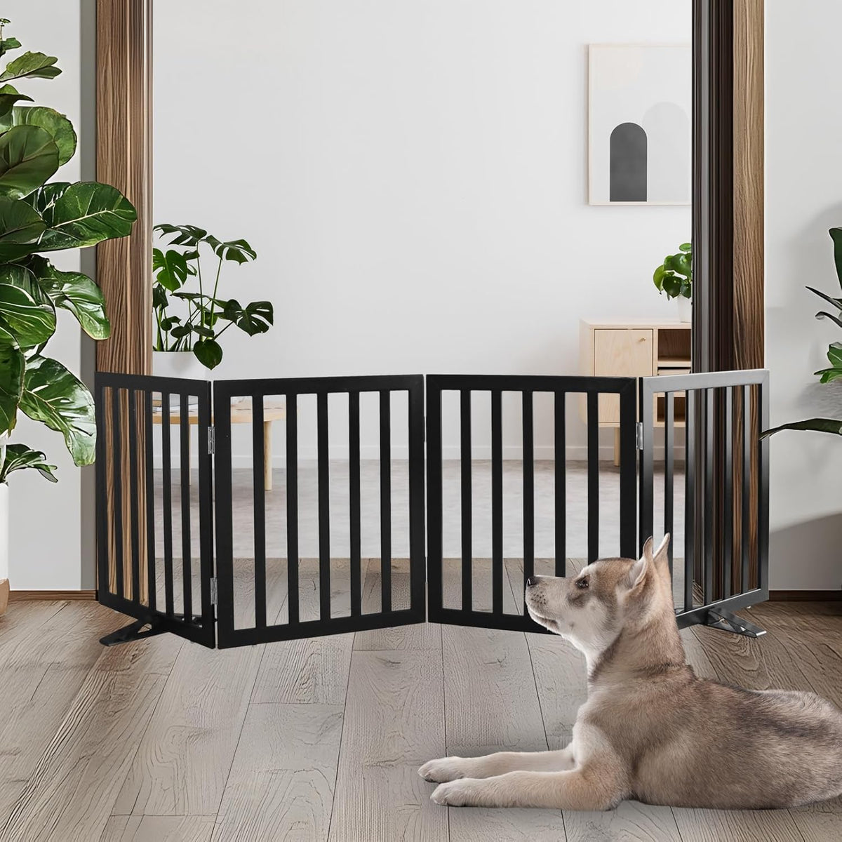 ZJSF Freestanding Indoor Dog Gate for House Foldable Wood Puppy Gate for Doorways Pet Gate for
