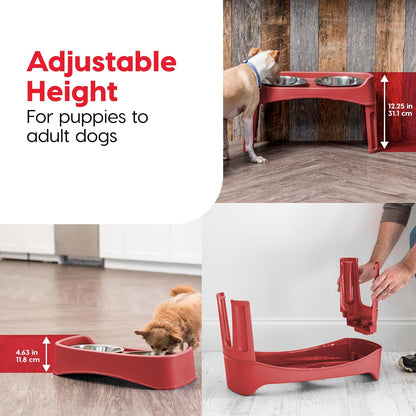 IRIS USA Elevated Dog Bowls, Adjustable Height, 2 Thick 64 oz Stainless Steel Bowls, Spill-Proof