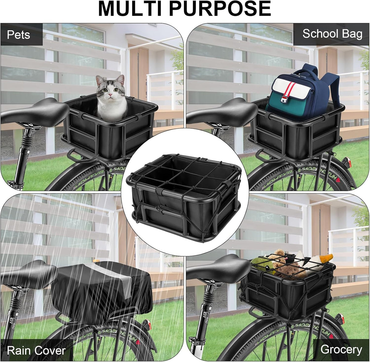 Bike Basket Rear with Liner,Waterproof Cover,Cargo Net Large Rear Bike Basket,Heavy Duty Bicycle