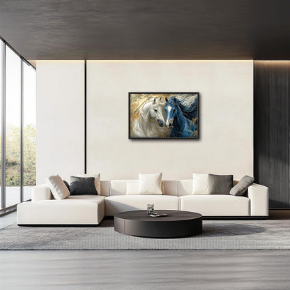 Framed Large Horse Wall Art for Living Room, Oversized Abstract Horses Wall Decor Blue and Golden