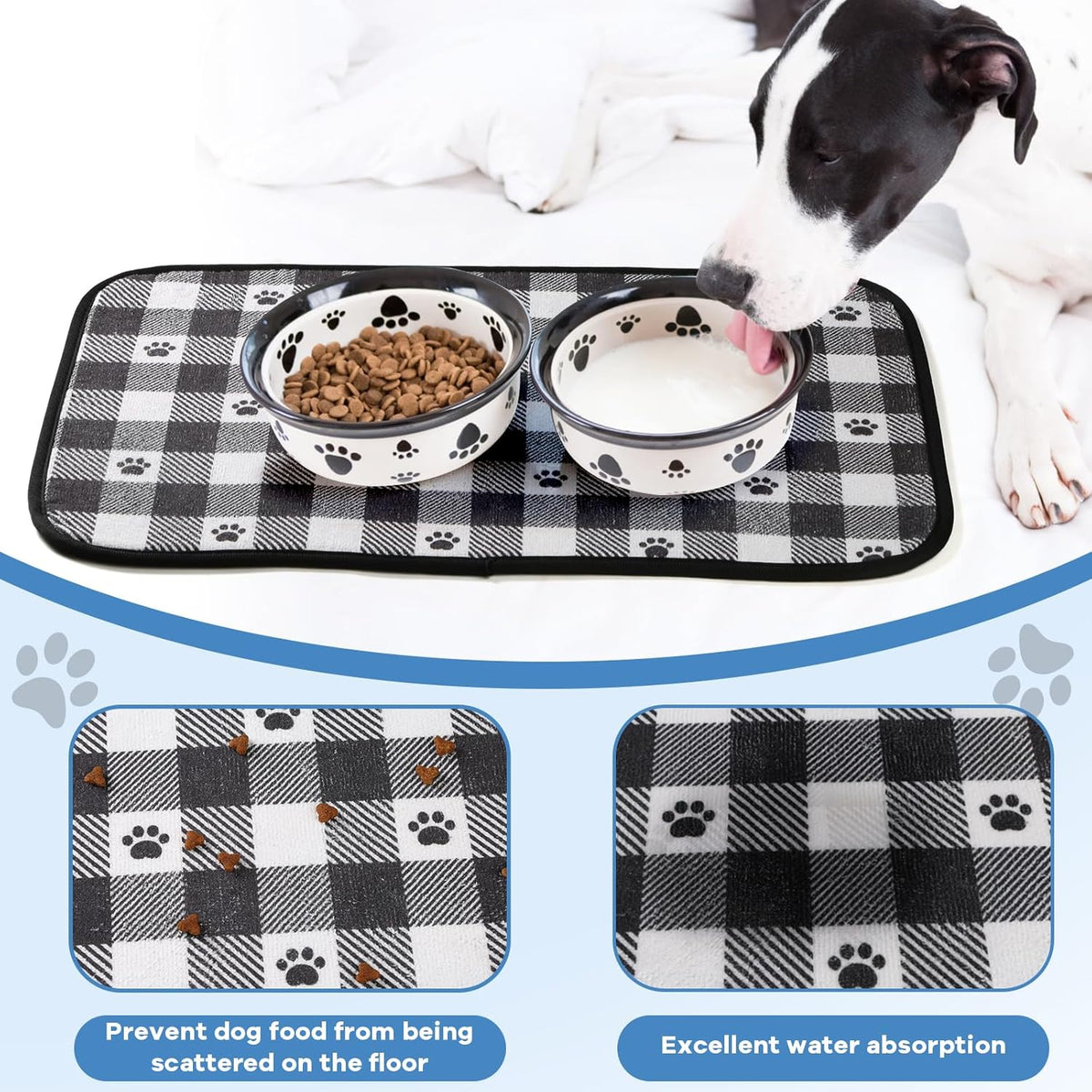 Dog Food Mats, Pet Bowl Mats, Super Absorbent and Dry, Prevents Spills, Non-Slip Design, Easy to