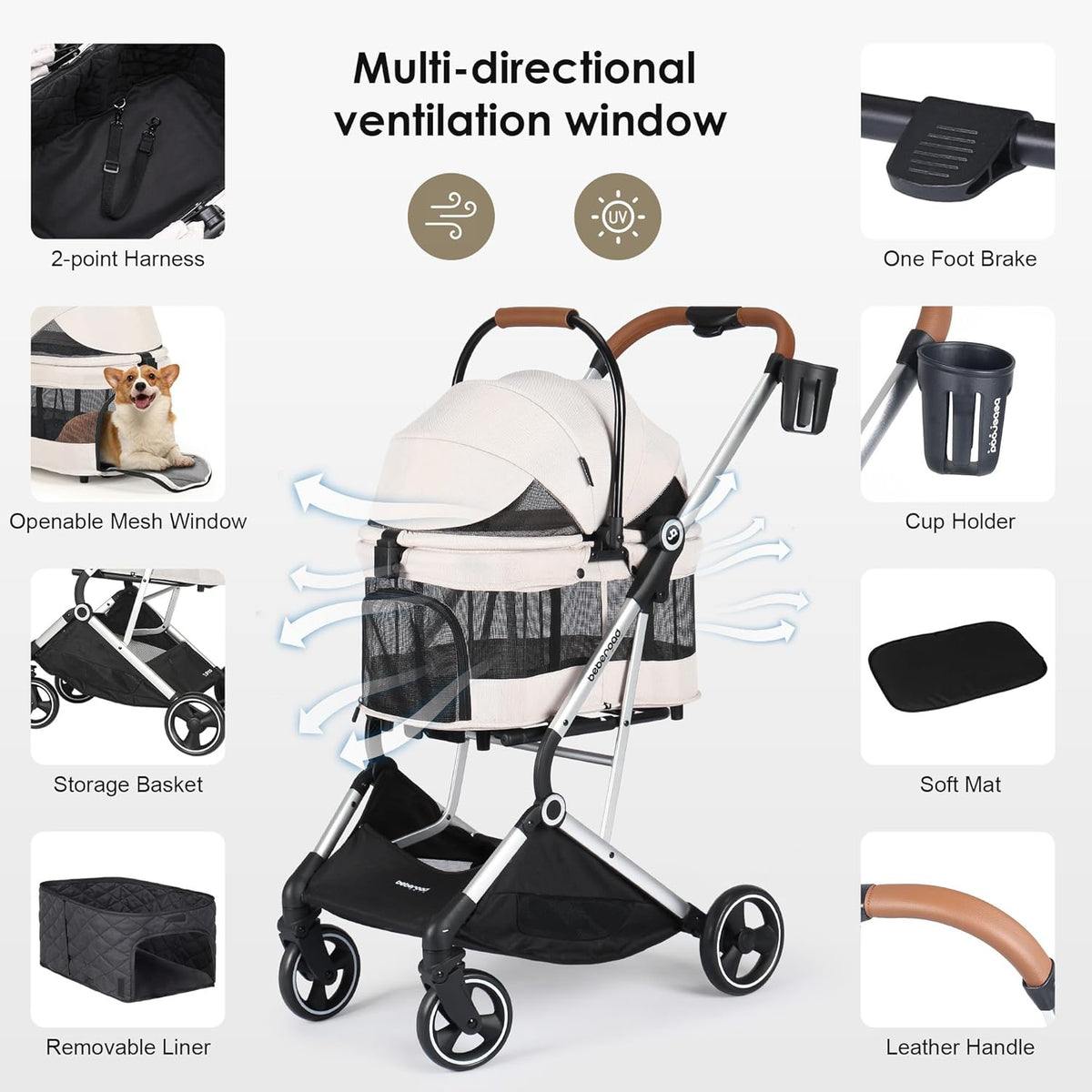 T3 Pro 3-in-1 Small Pet Stroller for Dog & Cats, 4 Wheels with Detachable Carrier with Pad, Canopy