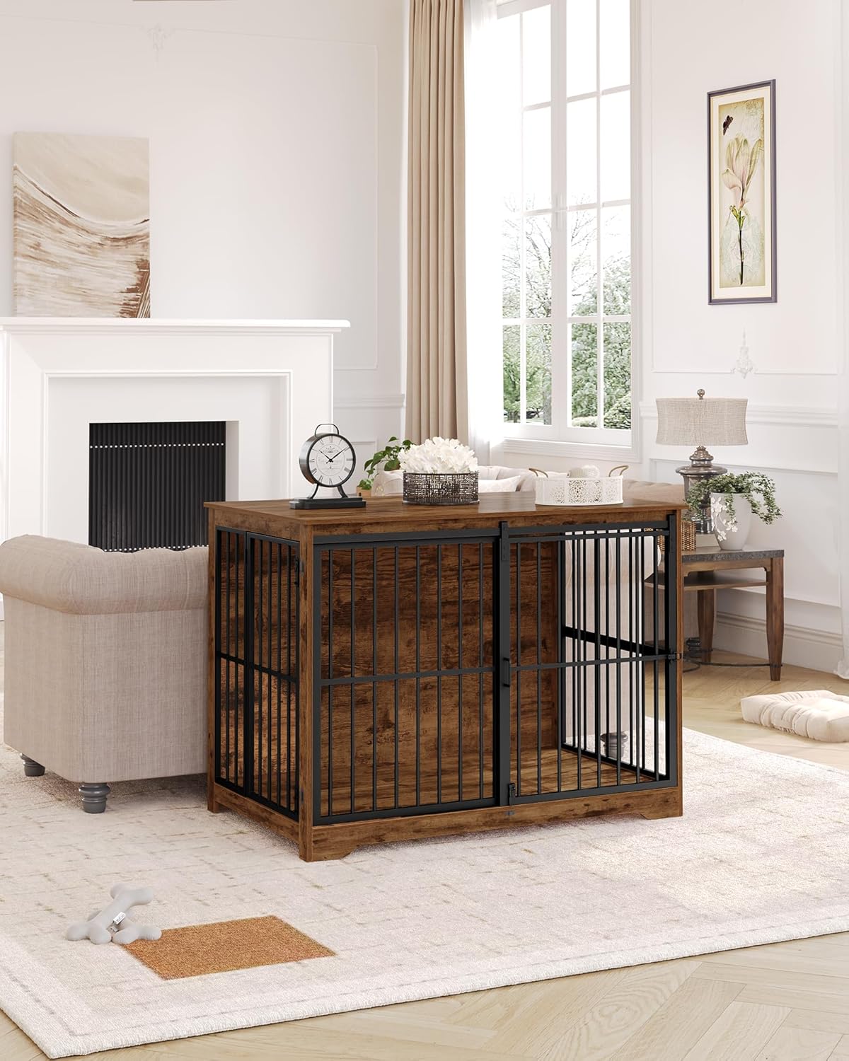 XXL Large Dog Crate Furniture, 46.9" Indoor Dog Kennel Furniture with Barn Door, Wooden Tall Dog