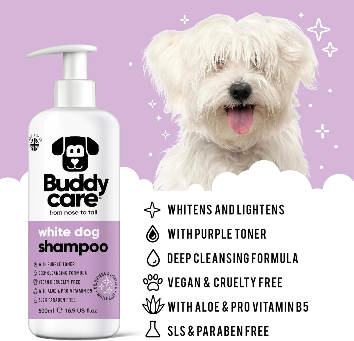 White Dog Shampoo by Buddycare | Dry Skin & Itchy Skin Relief for Smelly Dogs | Deep Cleansing