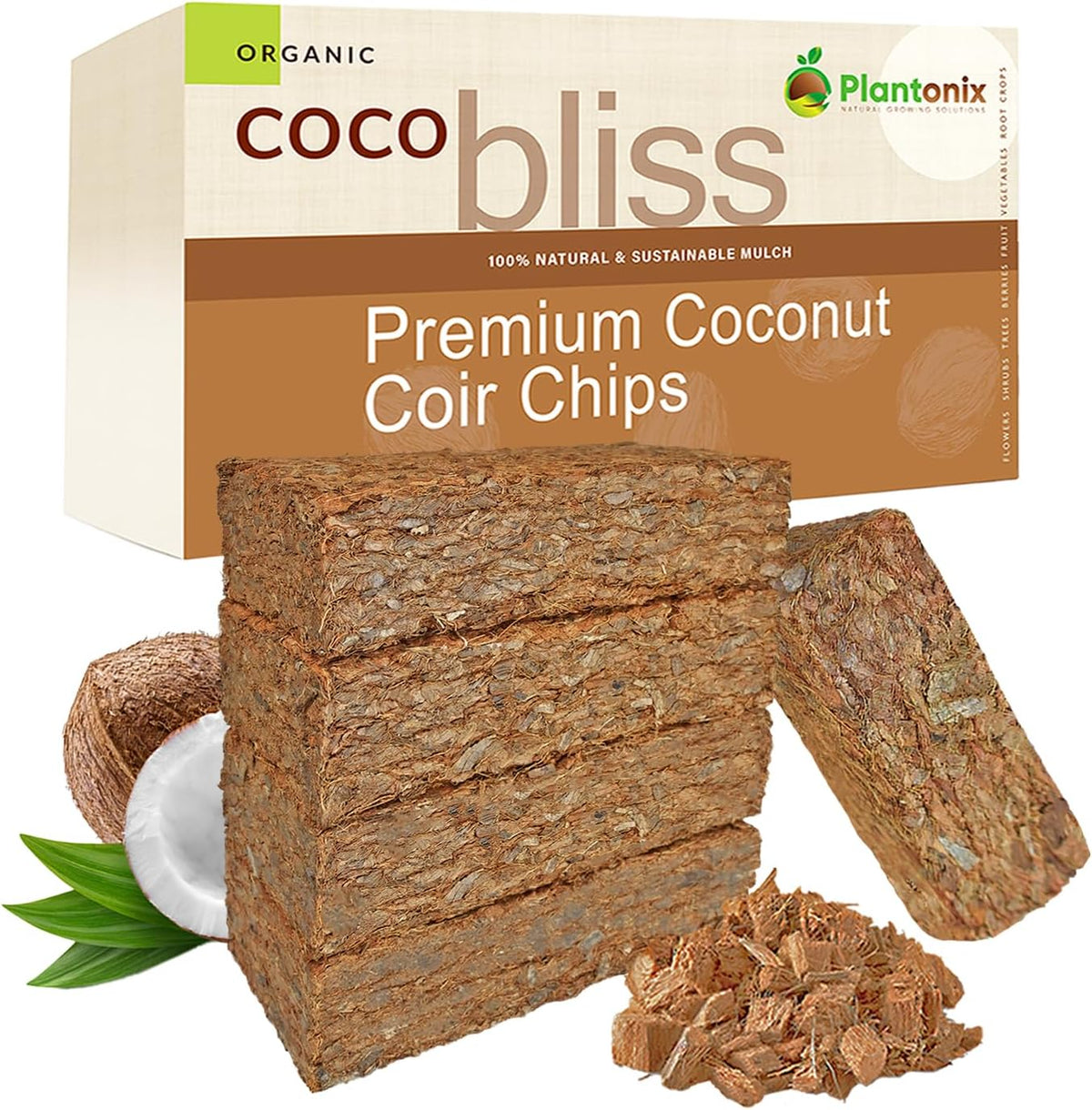 Coco Chips for Plants (650gm Bricks, 5-Pack) - Organic Coco Coir Chips - Coconut Husk Chips for