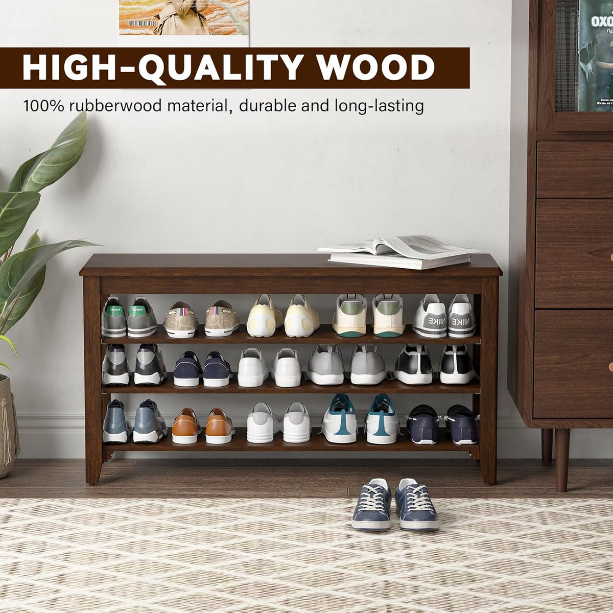 Shoe Bench Storage Rubberwood, Entryway Bench with 3-Tiers Height Adjustable, Shoe Rack Front Door