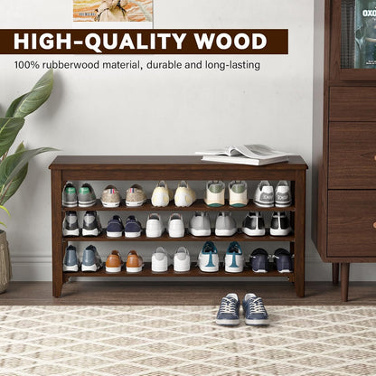 Shoe Bench Storage Rubberwood, Entryway Bench with 3-Tiers Height Adjustable, Shoe Rack Front Door