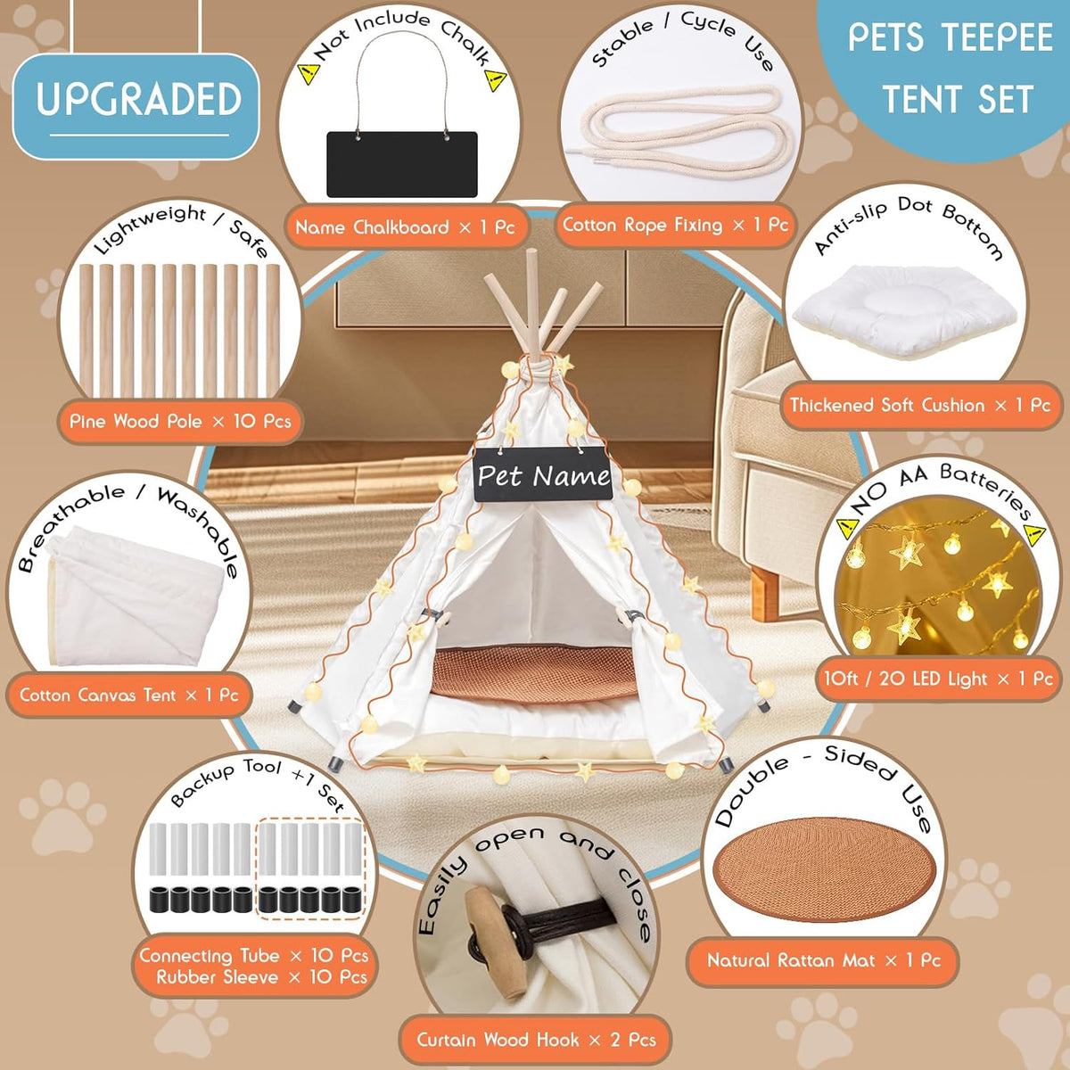 16" Dog& Cat Teepee Tent +20" Pet Cooling Mat +10ft Star String Light [2-Modes],Cotton Thicked Soft