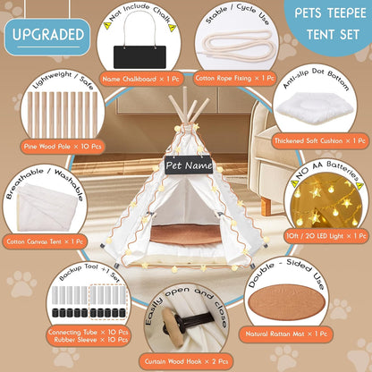 16" Dog& Cat Teepee Tent +20" Pet Cooling Mat +10ft Star String Light [2-Modes],Cotton Thicked Soft