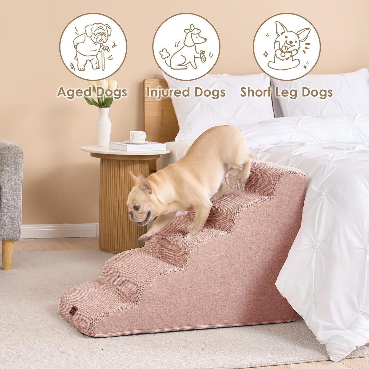 EHEYCIGA Curved Dog Stairs Ramp for High Beds 22.6" H, 5-Step Dog Steps for Small Dogs and Cats