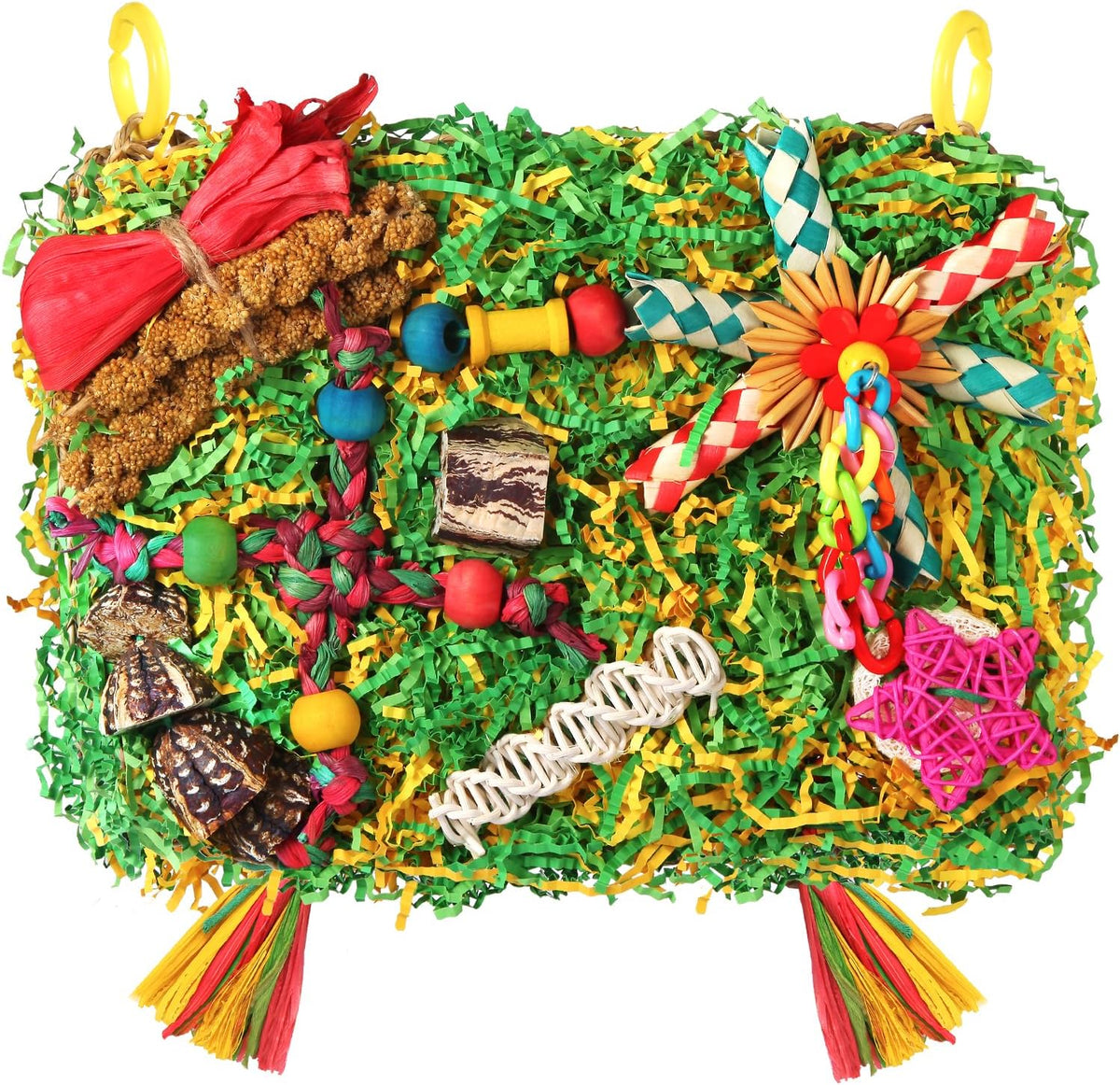 Bird Toys Parakeet Toys,Large-Sized Parrot Foraging & Shredding Cage Hanging Toys with Seagrass Mat