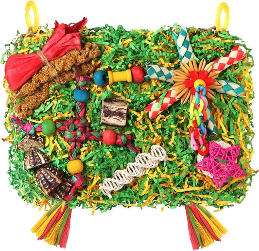 Bird Toys Parakeet Toys,Large-Sized Parrot Foraging & Shredding Cage Hanging Toys with Seagrass Mat