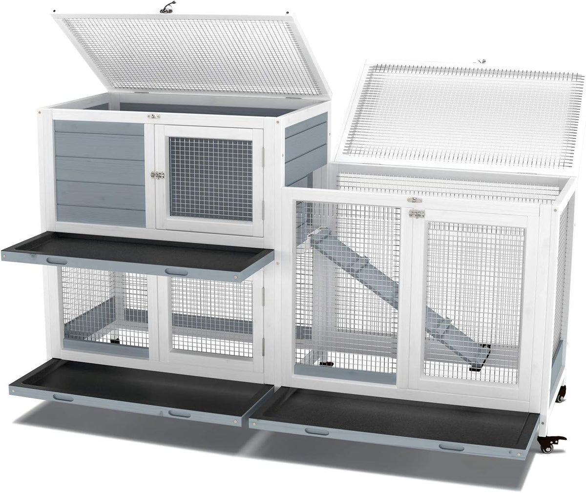 GDLF Two Floors 58" Wooden Indoor Bunny Hutch Rabbit Cage on Wheels Guinea Pig PET House for Small