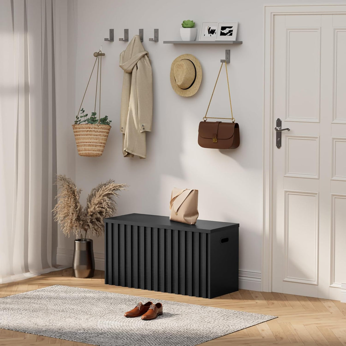 UEV Storage Bench,39.4" Wood Box, Storage Trunk with 2 Safety Hinges, Ottoman Storage Chest, Fluted