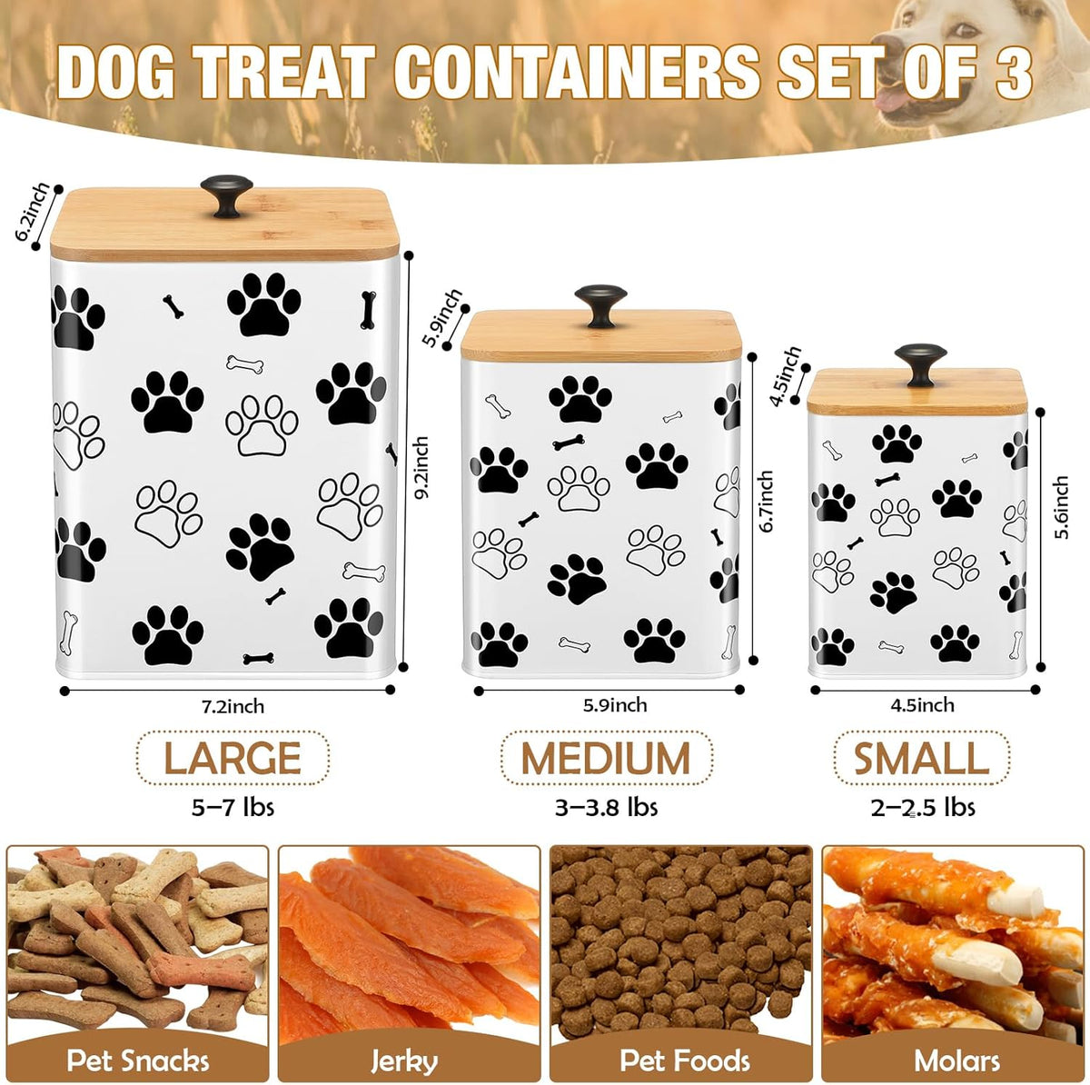 3 Pack Airtight Dog Food Containers with Bamboo Lids, Metal Dog Treat Jars Canisters for Kibble