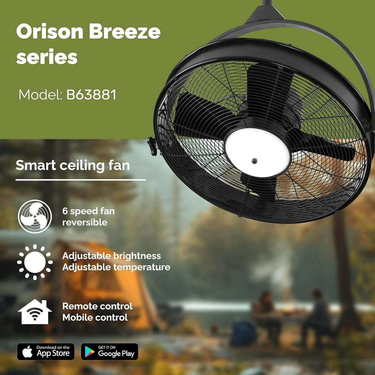 Orison 24.8'' Waterproof Outdoor Ceiling Fan, 6 Speed Ceiling Mounted Plug-In Cord Garage Fan with