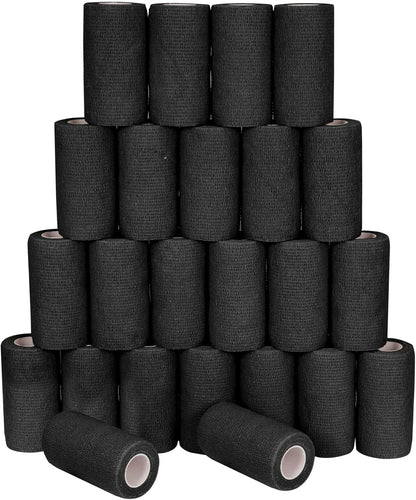 24 Pack Self Adhesive Bandage Wrap, 4” x 5 Yards Cohesive Medical Tape Elastic Grip Tape Black