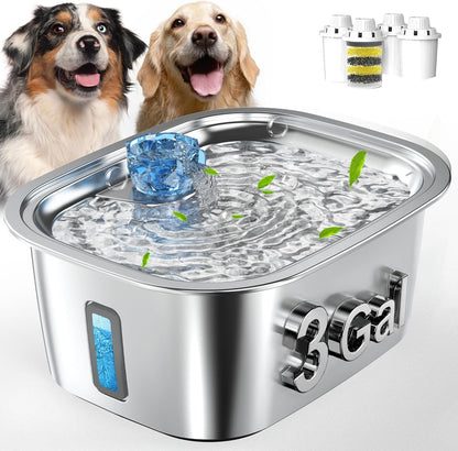 Dog Water Fountain for Large Dogs - 3 Gallon Stainless Steel Dog Water Bowl Dispenser with 4