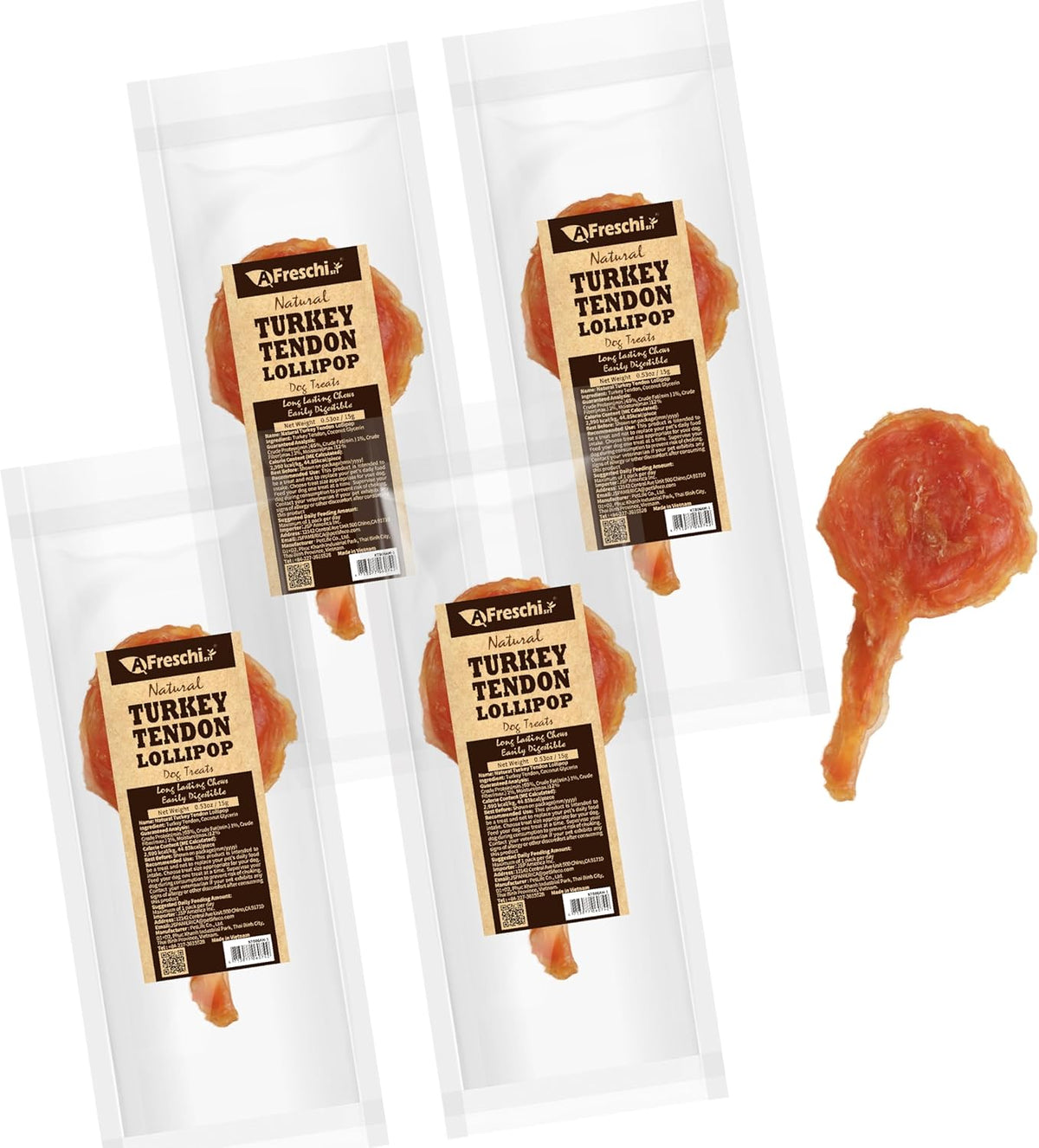 Afreschi Natural Turkey Tendon Lollipop Pack of 4, Dog Treat for Signature Series, All Natural