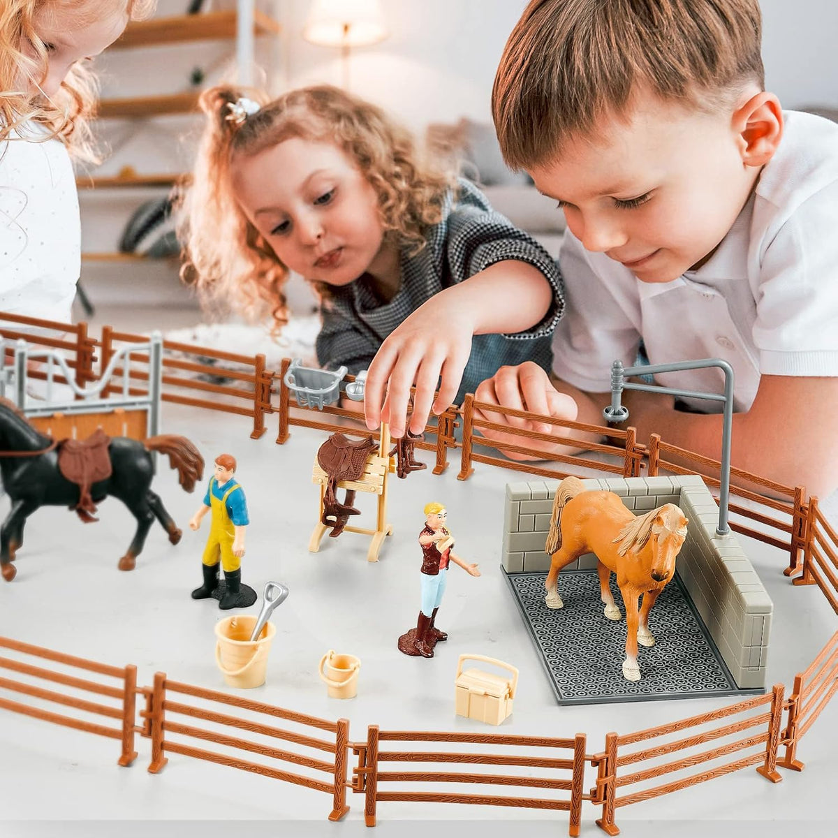 Peagrav Horse Stable Playset with Rider, Wash Area, Fence & Animal Figures - Gifts for Girls & Boys