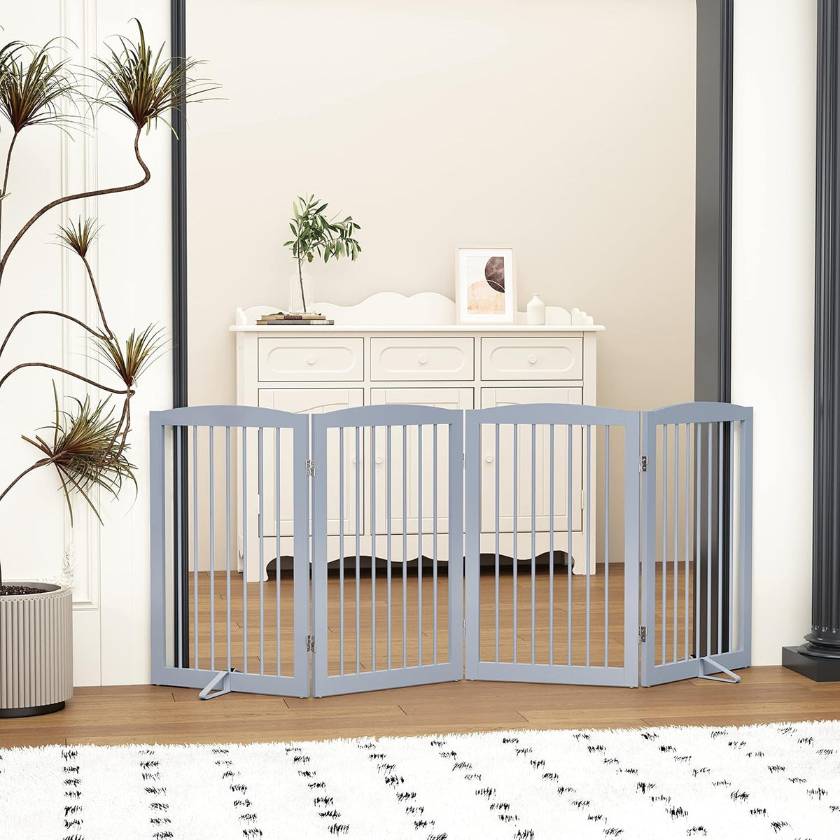 Freestanding Wooden Pet Gate - Foldable Indoor Dog Gate, 80 Inch Wide, 4 Panels, Grey