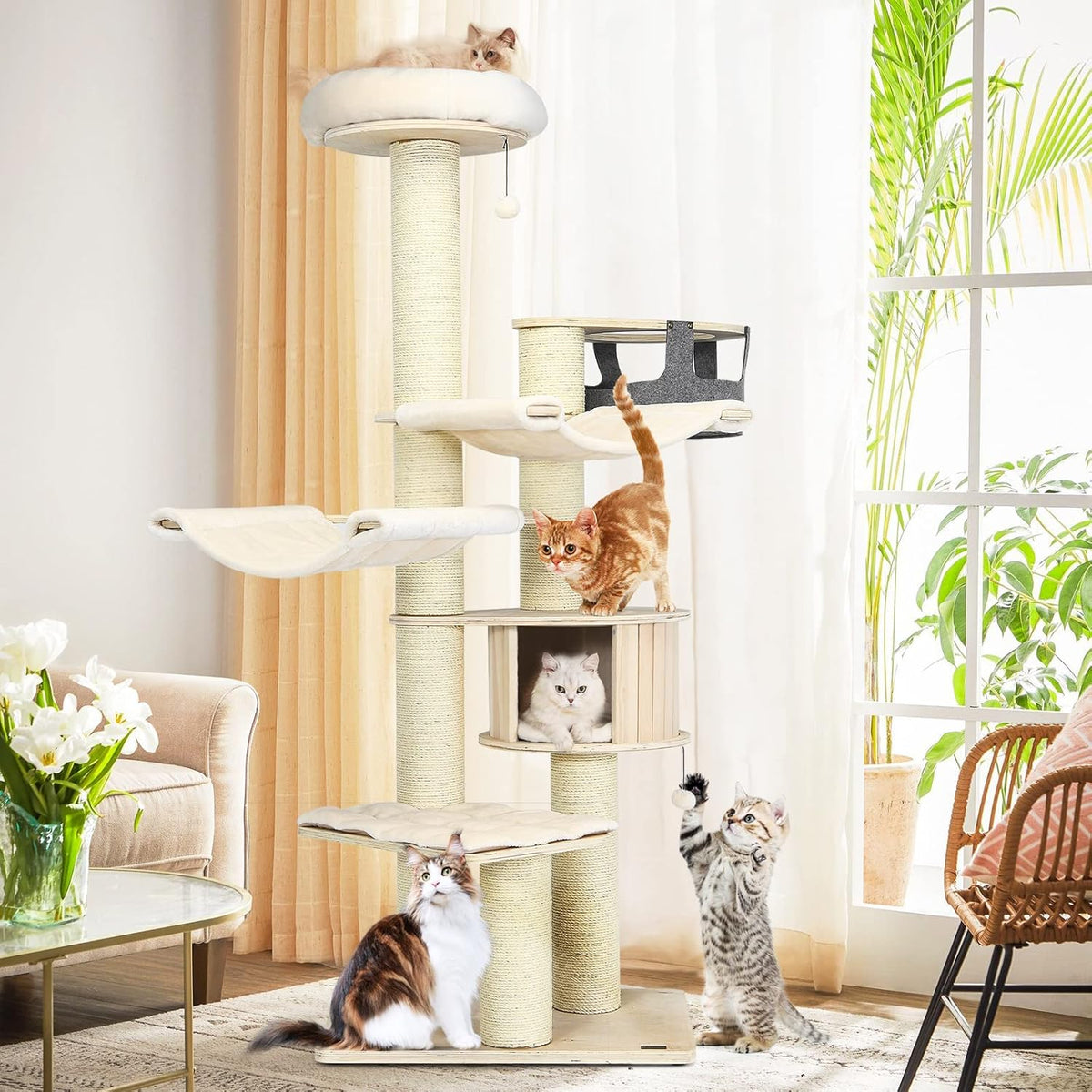 Tangkula Large Cat Tree, Multi-Level Tall Cat Tower with Sisal Scratching Posts, Hammocks, Hanging