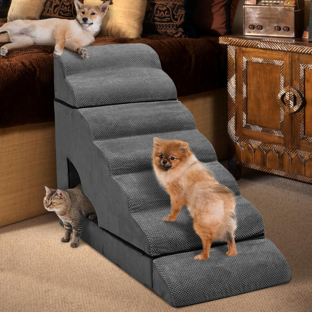 Foam Dog Stairs & Steps Ramps for High Beds 30-36 inches High Tall Large Dogs, LitaiL 7 Step Pet