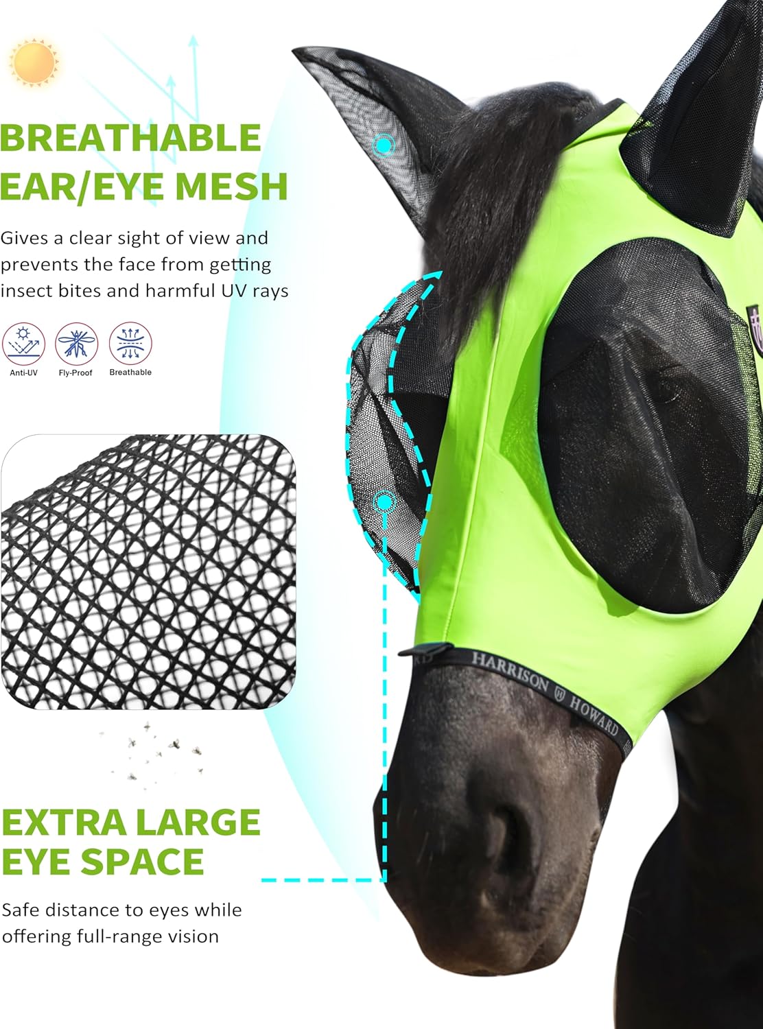 Harrison Howard Horse Fly Mask with Forelock Opening Stretch Breathable and Comfortable for Horses