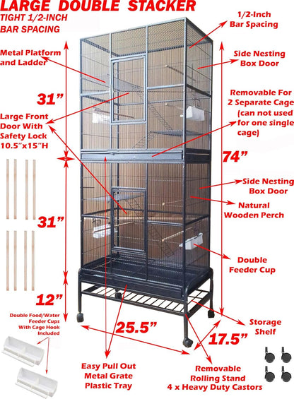 Large Double Stacker Breeding Flight Bird Wrought Iron Double Parrot Bird Separate Breeder Cages