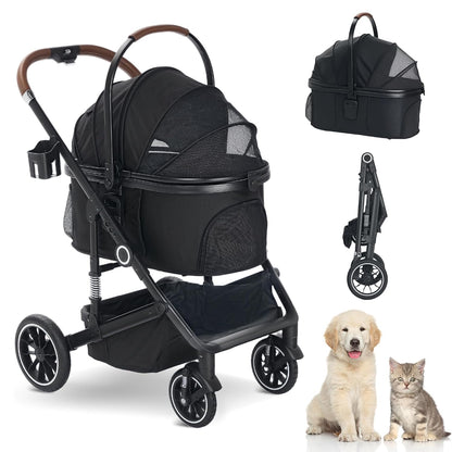 Pet Stroller with 4 Wheels, 3 IN 1 Folding Puppy Strollers for Small/Medium Dogs Cats up to 50lbs