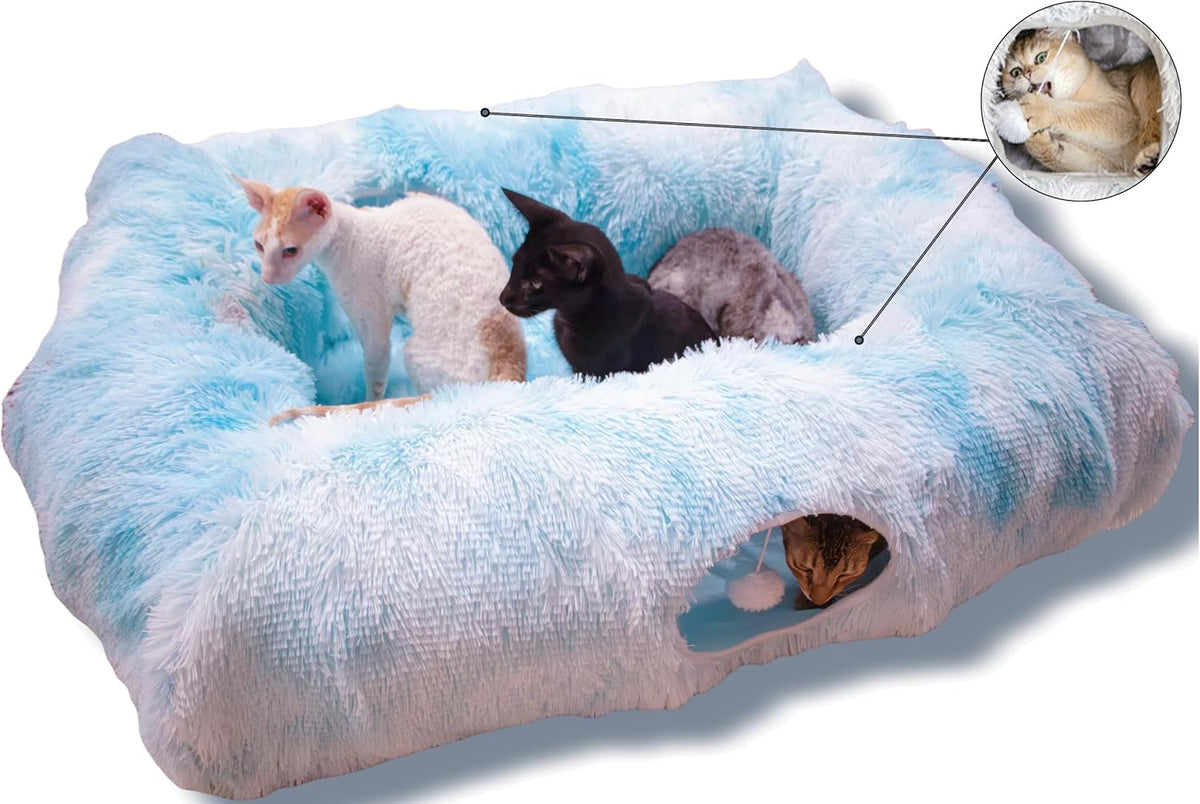 XxingSheep 4 Cave Shuttled XL Cat Tunnel Bed for Indoor Cats Peekaboo Toy Donut with Warm Mat
