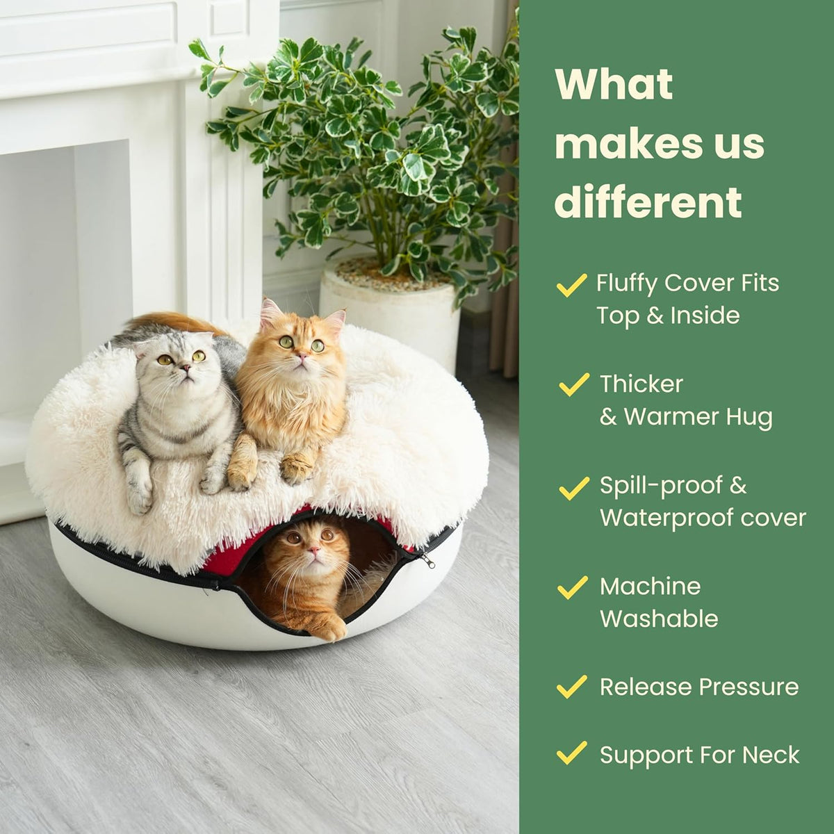 CATTASAURUS Peekaboo Cat Cave for Multiple & Large Cats Up to 30-45 Lbs, Fluffy Cat Beds &