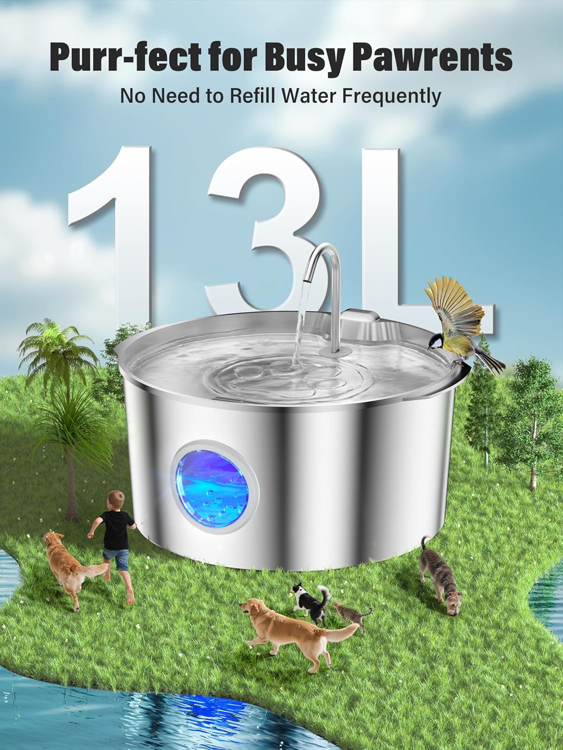 3.4Gal Dog Water Fountain for Large Dogs, Extra Large Stainless Steel Pet Water Fountain, Round Dog